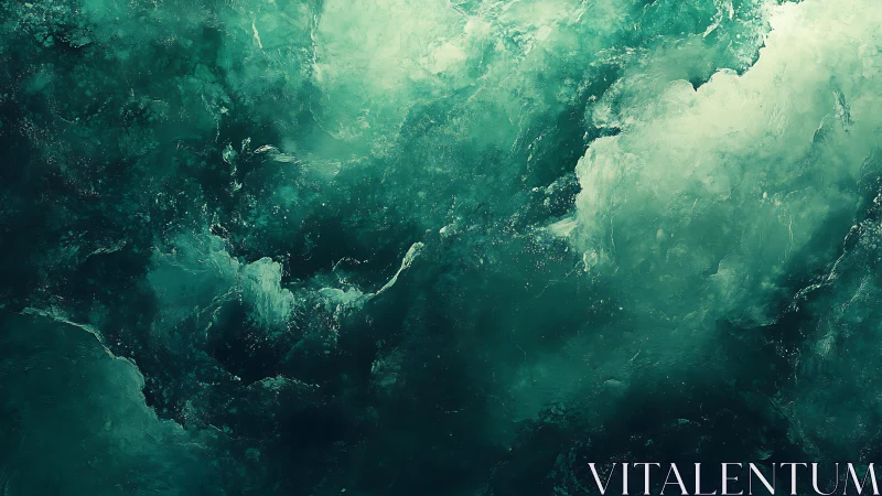 Abstract Ocean Waves in Deep Teal and Emerald, Modern Digital Art.