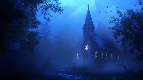 Moonlit woodland chapel glowing through blue night mist.