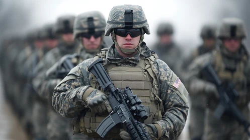 Soldier in combat gear leads formation during field march