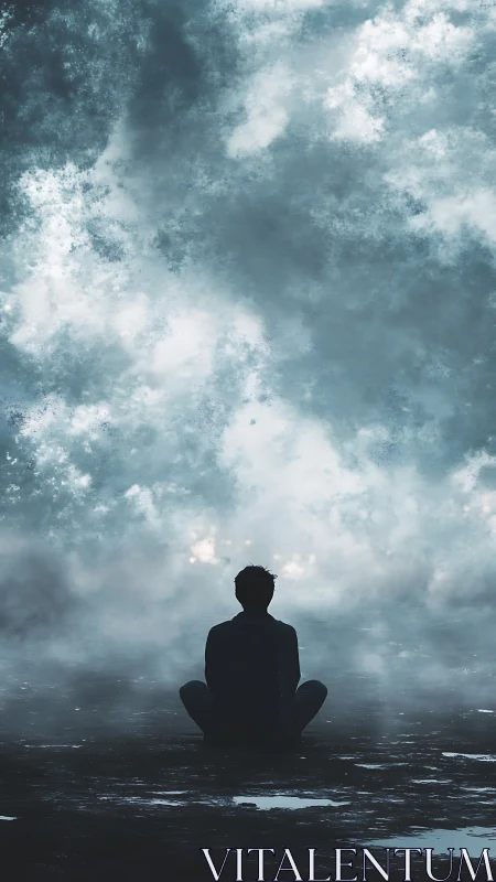 Silhouette of lone person seated before vast cloudy sky.