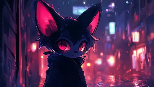 Neon lit city street with lone cat character in rain at night.