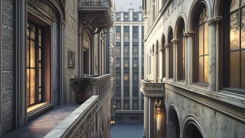Symmetrical neoclassical alleyway rendered in soft evening light