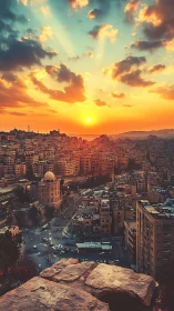 Sunset-illuminated hillside cityscape with dense midrise blocks