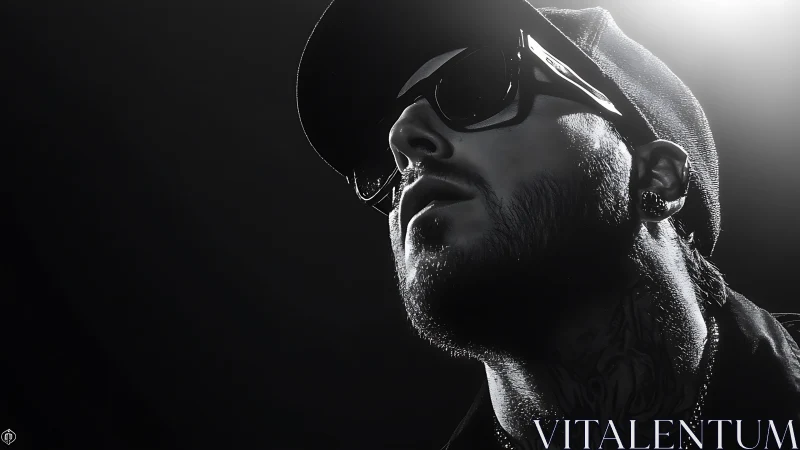 High-contrast monochrome portrait isolates a tattooed man in light