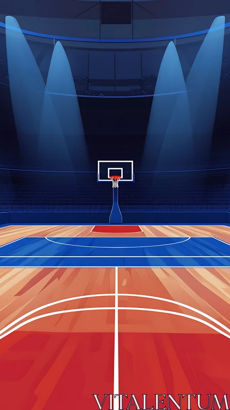 Silent arena spotlight on a lone basketball hoop at center court.