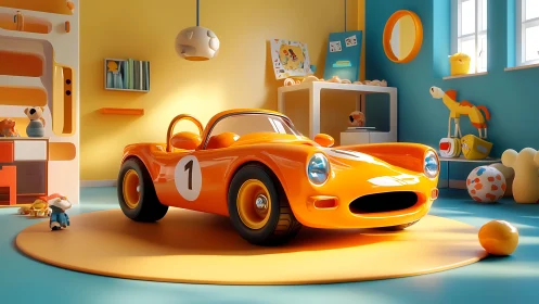 Bright orange toy race car parked in colorful kids room.