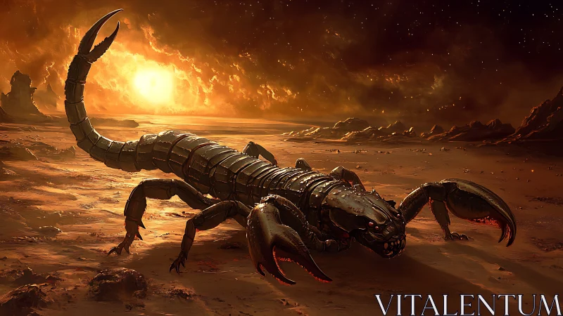 Digital painting of armored alien scorpion on infernal desert world.