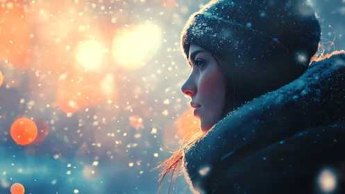 Snowlit daydreamer wrapped in neon dusk snowfall hush.