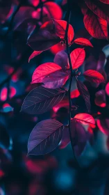 Neon-lit crimson leaves glow softly against deep teal dusk