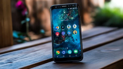 Samsung Galaxy Smartphone on Wooden Surface.