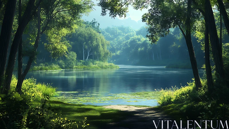 Serene Forest River with Canopy Overhead