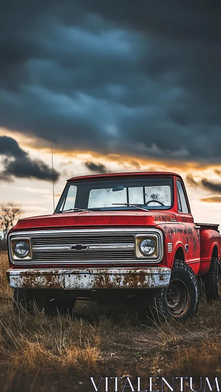 Weathered red pickup under storm-lit prairie sky at dusk.