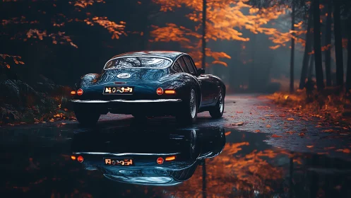 Classic coupe on wet forest road with autumn foliage reflection.