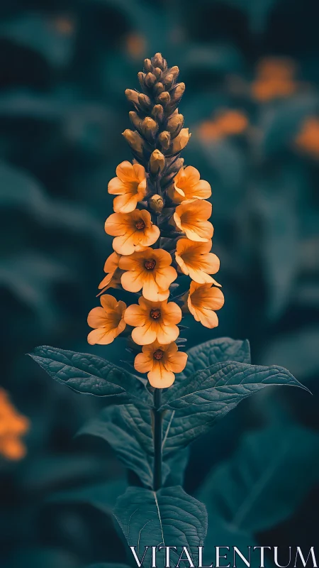 Orange flower spike photographed with teal background bokeh.