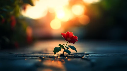Red flower breaks pavement under warm sunrise bokeh glow.