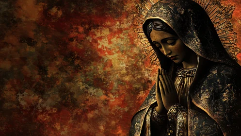 Textured digital icon of praying veiled woman with gilded halo