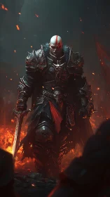 Armored infernal warrior in ember-lit high contrast scene.