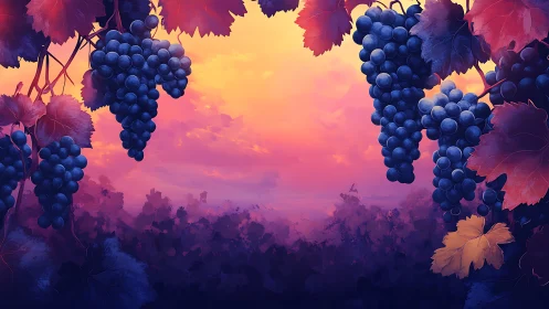 Sunlit vineyard grapes glow against a dreamy evening sky