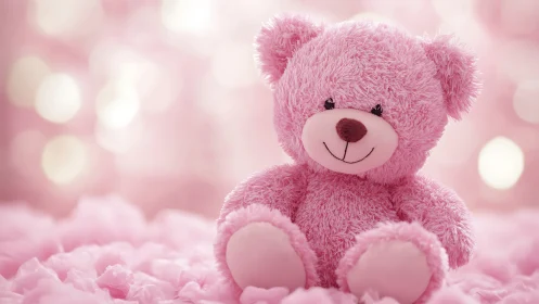 Blush-pink teddy bear basking in dreamy cotton-candy glow.