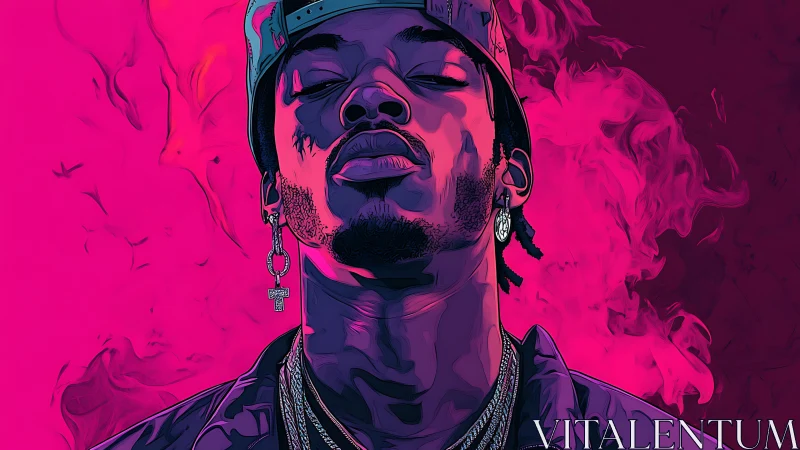 Neon magenta rap portrait with moody smoke and hard rimlight.