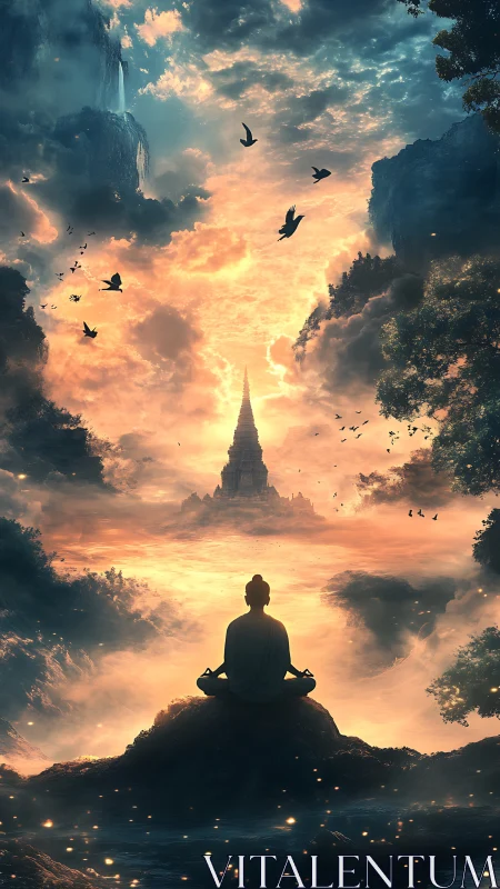 Calm sunrise meditation over a dreamlike temple valley.