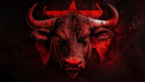 Digital painting of red bull head on distressed star field.