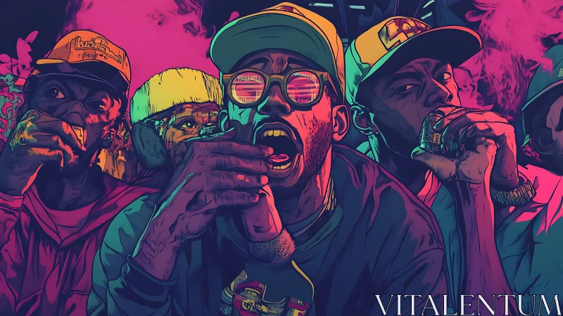 Neon street cypher under vaporwave lights and smoke.