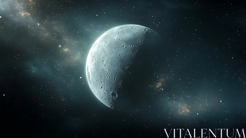 Lunar terminator rendering in nebular starfield panorama.