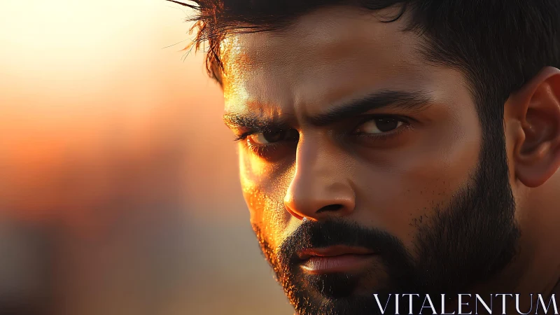Sunlit resolve sharpens in a close-up of a bearded gaze