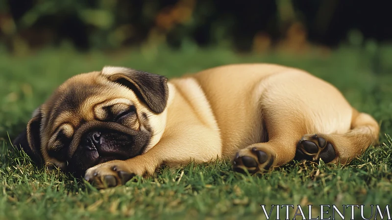 Photorealistic close-up of sleeping pug puppy on lawn.