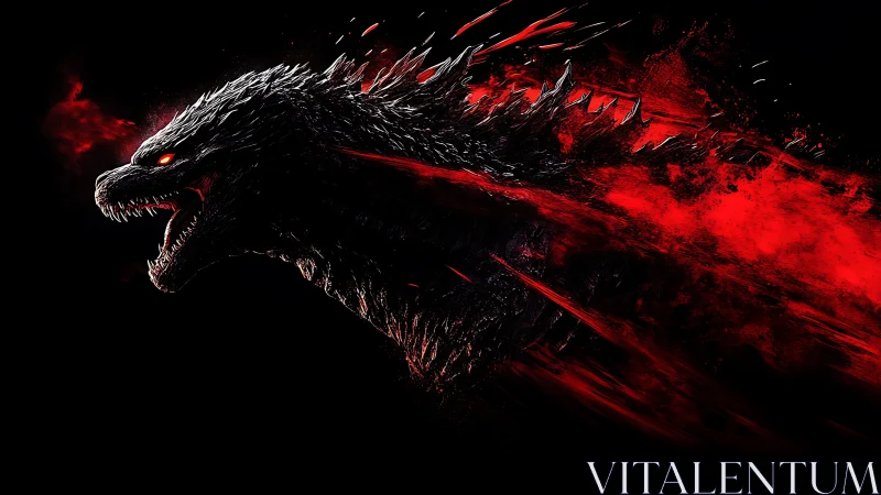 Kaiju profile with red energy trail on black background.