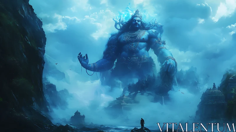 Colossal sky-blue deity rising from mist-wrapped valley.