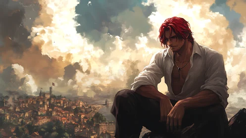 Solitary red-haired warrior overlooks sunlit coastal citadel