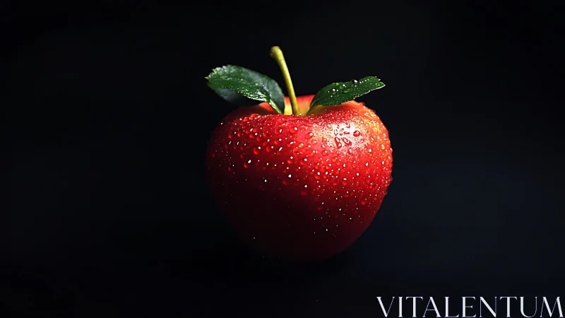 Red apple with water droplets on dark black background.