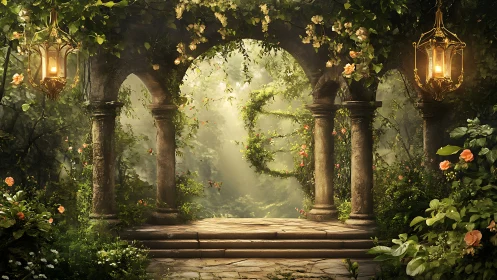 Lantern-lit stone arches quietly unlock a secret forest path