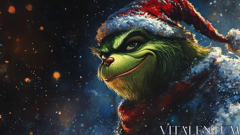 Green furry holiday trickster in red Santa hat, close-up profile