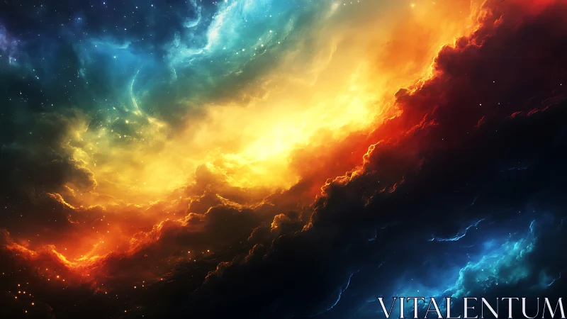 Multicolored nebula-like cloud formations span a dark space