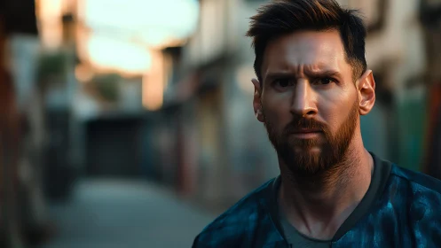 Bearded man in sportswear standing in blurred urban alley.