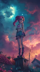 Anime girl elevated against nebular twilight skyscape