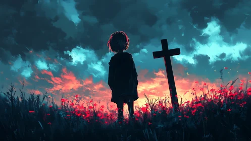 Solitary child at grave under vivid stormy sunset sky.