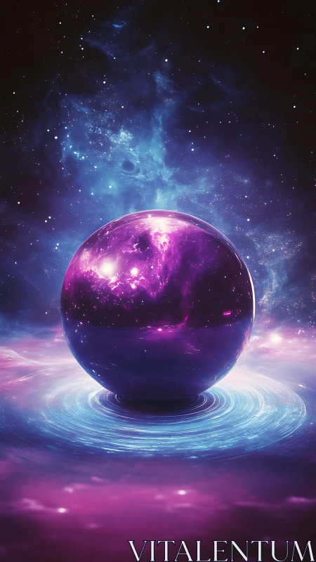 Cosmic energy sphere hovers above glowing galactic pool