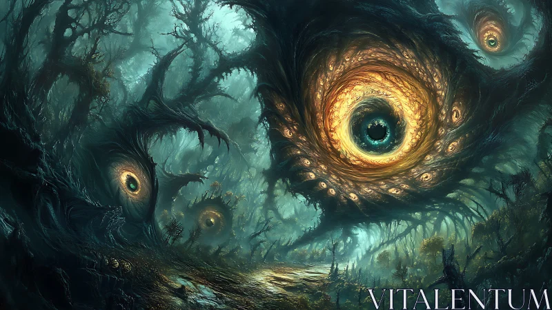 Monolithic ocular vortex forms dominate a bioluminescent forestscape