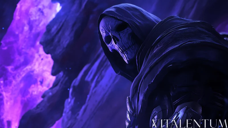 Hooded skeletal warden amid glowing violet cosmic rift.