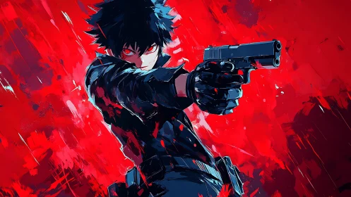 Dark anime gunman aims forward amid violent red chaos