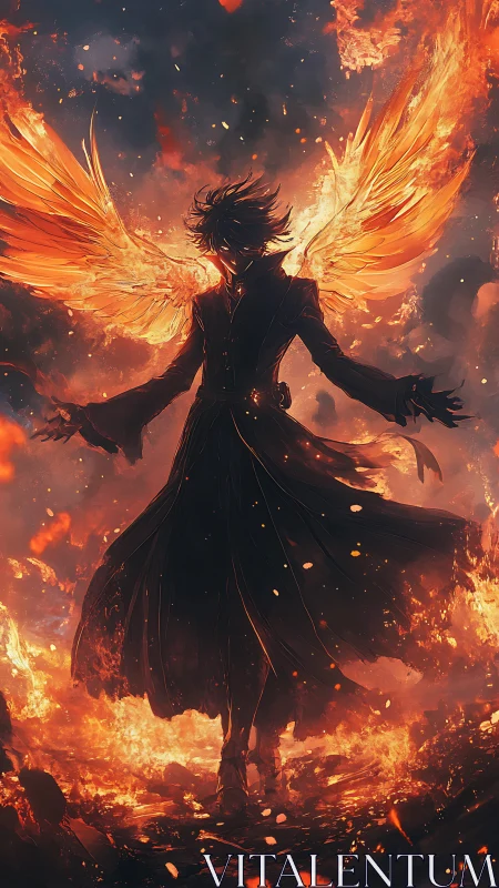 Embers crown a shadowed angel as molten wings ignite night