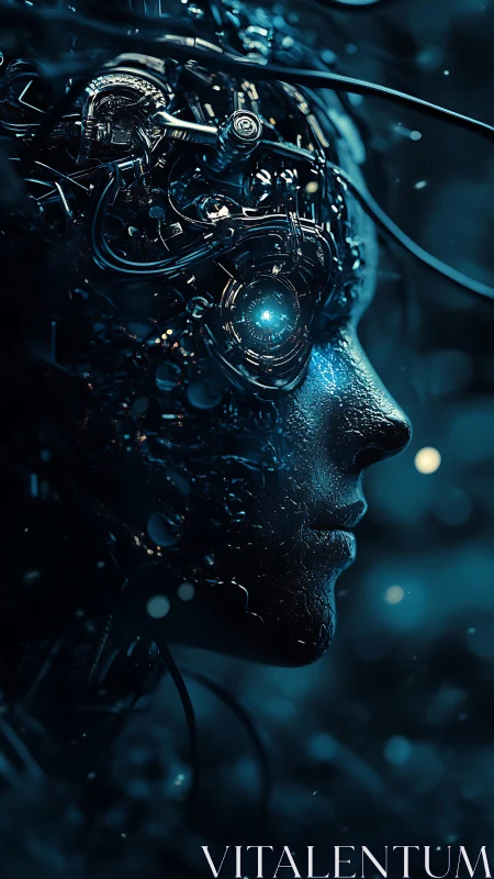 Glimmering cybernetic face gazes into a softly lit future