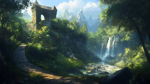 Digital painting of ruined archway above luminous falls.