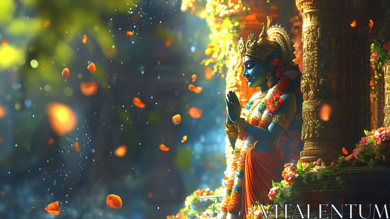 Blue-skinned Hindu deity stands in radiant temple petals