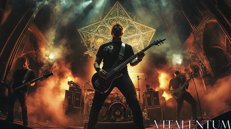 Rock band performs on fog filled stage under illuminated star