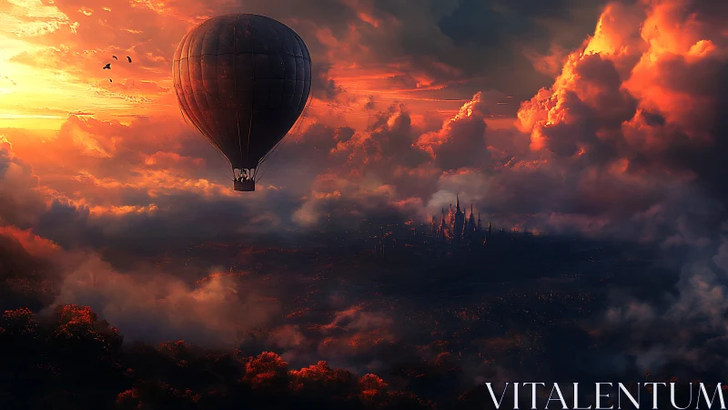 Hot air balloon drifts above a glowing fantasy kingdom at dusk.